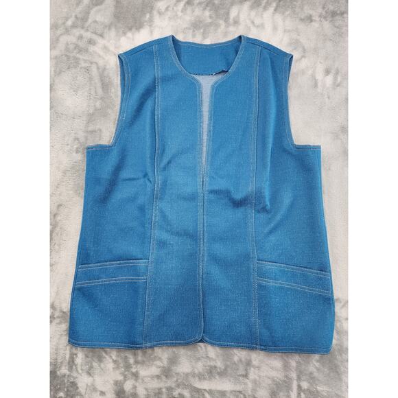 Vintage 70s Stretch Polyester Denim Sleeveless Vest Size L Blue Pockets Boho - Picture 1 of 7